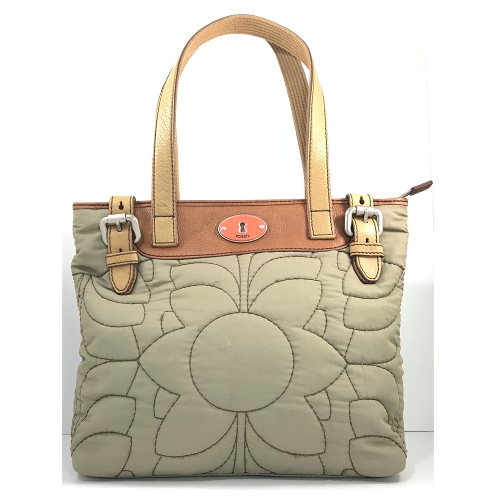 FOSSIL KeyPer Khaki Tan Floral Quilted Tote Bag